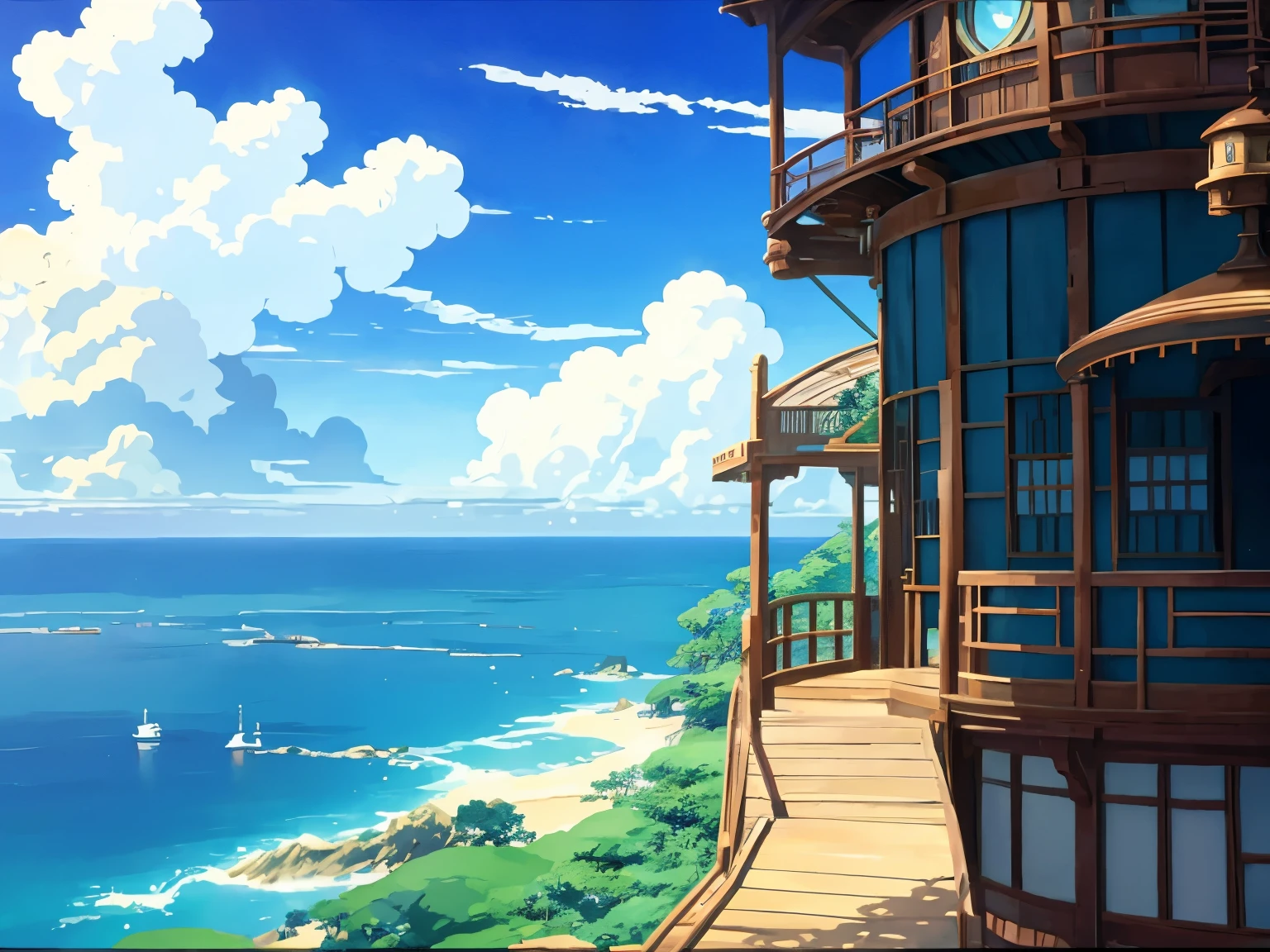 DVD screengrab from studio ghibli movie, beautiful seaside steampunk observatory interior, clouds on blue sky, designed by Hayao Miyazaki, retro anime