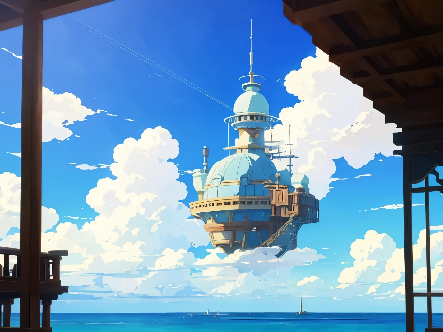 Capture d&#39;écran du DVD du film Studio Ghibli, bel intérieur d&#39;observatoire steampunk en bord de mer, nuages sur ciel bleu, conçu par Hayao Miyazaki, anime rétro