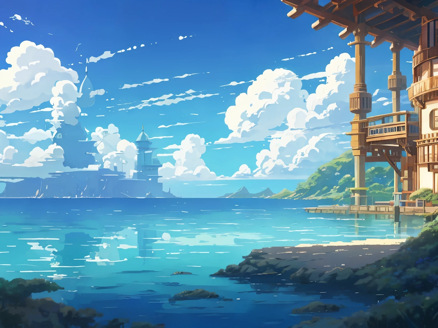 Captura de tela do DVD do filme do Studio Ghibli, lindo interior de laboratório à beira mar, Nuvens no céu azul, desenhado por Hayao Miyazaki, retro anime