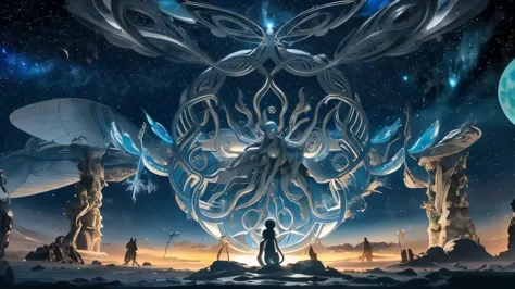 Create scenes featuring aliens intertwined with angels, their collaboration symbolizing the harmonious coexistence between celestial beings and extraterrestrial life forms, working together for the betterment of the universe.