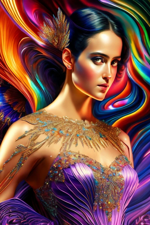 A breathtakingly detailed shot of an iridescent oil painting brings to life a divine girl, her ethereal aura radiant with divinity. With a face following the golden ratio and divine proportions, her countenance captivates with masterful brushwork. Her short dress flutters gently, its vibrant textures complementing the emotive depth conveyed in her expressive gaze. Dynamic composition pervades the artwork, with rich hues filling the canvas in a dramatic contrast. Crystal particles glitter at the edges, their refracted light playing against the backdrop of a vibrant background. Full motion effects add a captivating element, as if the scene comes alive in a diagonal