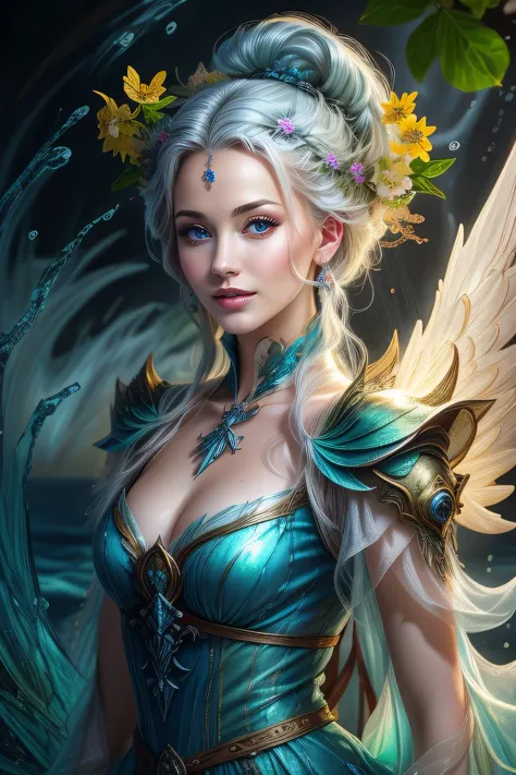 Bright yellow Archangel Flowers, there is a woman with white hair and a sword in a field, closeup fantasy with water magic, ethereal beauty, with frozen flowers around her, fantasy portrait, ethereal fantasy, beautiful fantasy portrait, goddess of the ocea...