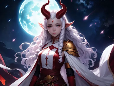 One girl, White curly hair, White skin, Red eyes, minstrel clothes, Looking up at the stars, tiefling race, White horns