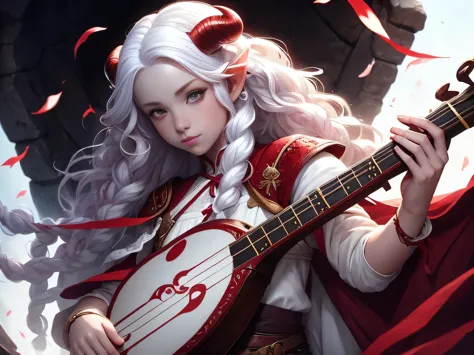 One girl, White curly hair, White skin, Red eyes, minstrel clothes, fights with a lute, tiefling race, White horns