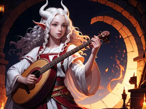 One girl, White curly hair, White skin, Red eyes, minstrel clothes, Lute in hands, sings a song, tiefling race, White horns
