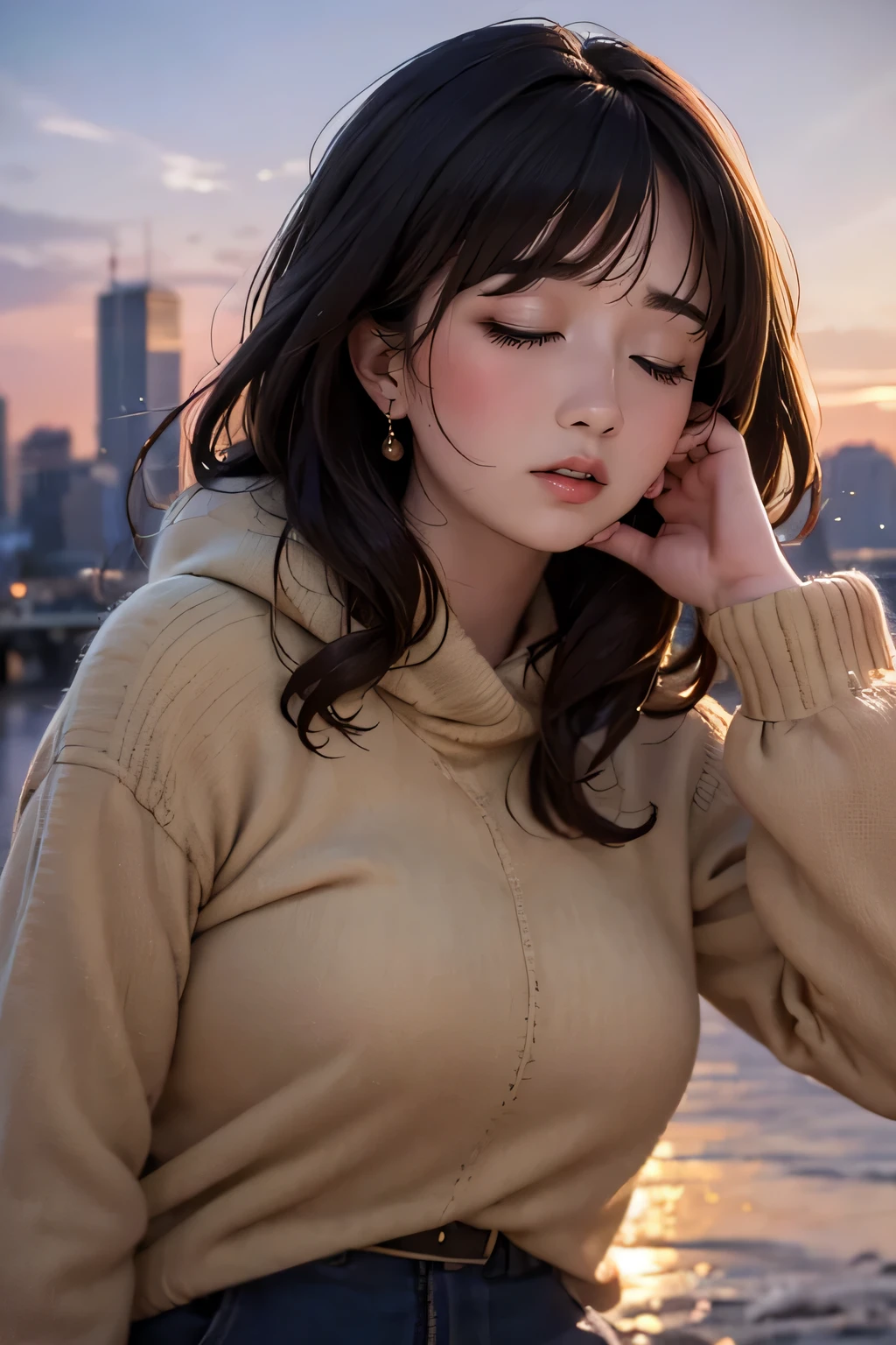high-definition images, atmospheric perspective, 8k, super detail, accurate, best quality, a woman, see the Manhattan from across the river, winter clothes, looking away, angle from below, (drooping eyes, realistic skin), (sleepy face), earrings, many people pass, got drunk,