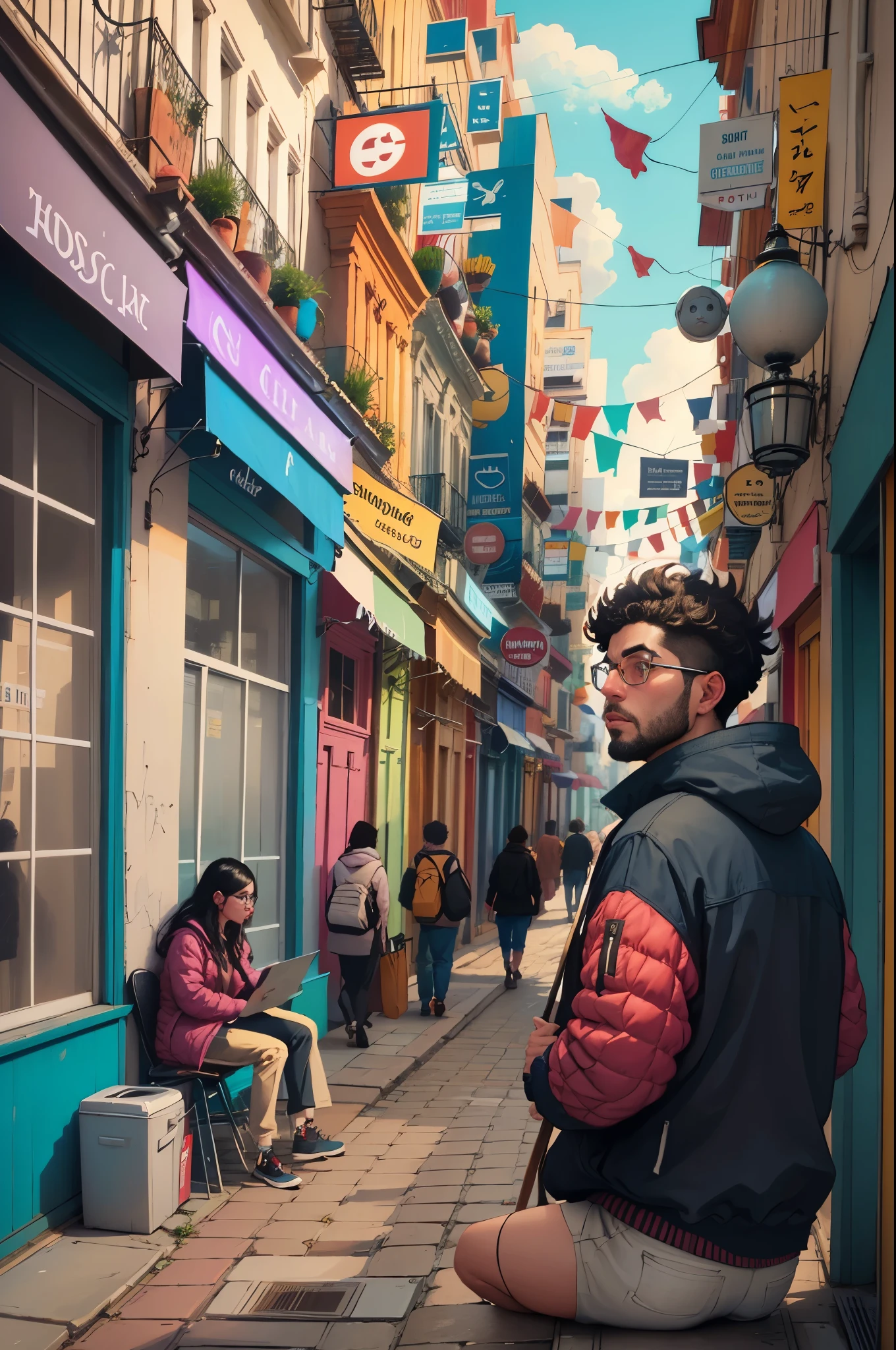 illustration of a street scene with people sitting at tables and walking, by Raphaël Collin, by Bernard D’Andrea, inspired by Tomer Hanuka, ( asaf hanuka ), by Asaf Hanuka, by Tomer Hanuka, by Clément Serveau, inspired by Asaf Hanuka, by Róbert Berény, french comic style