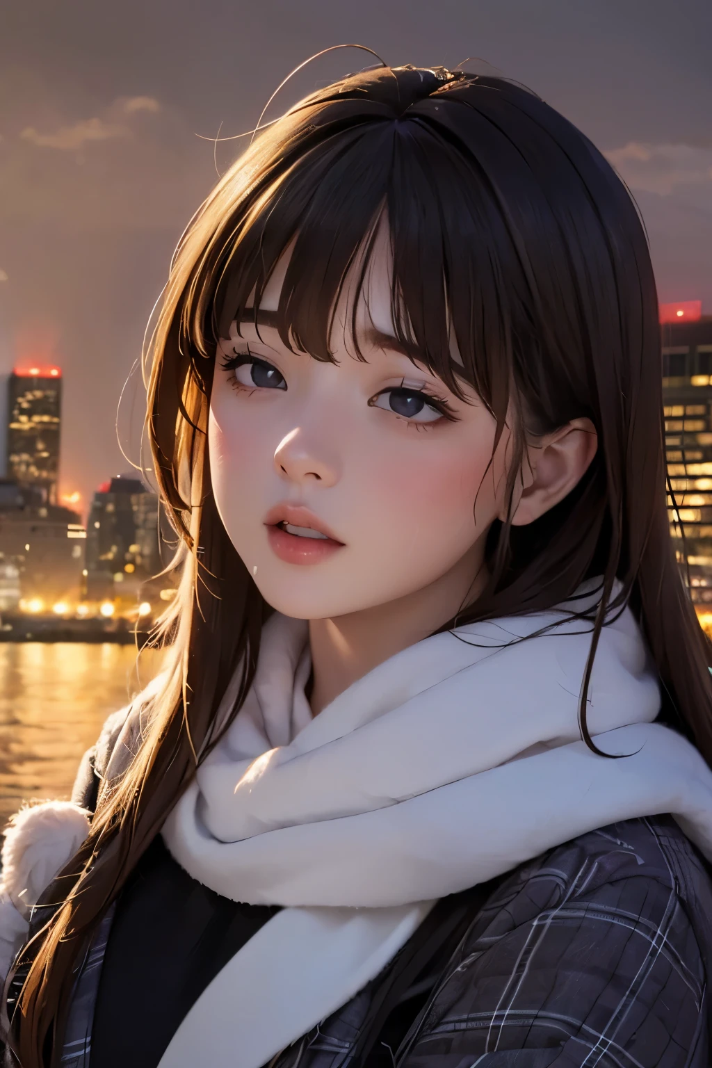 high-definition images, atmospheric perspective, 8k, super detail, accurate, best quality, a woman, see the Manhattan from across the river, winter clothes, looking away, angle from below, (drooping eyes), (sleepy face), earrings, many people pass, got drunk, open mouth,