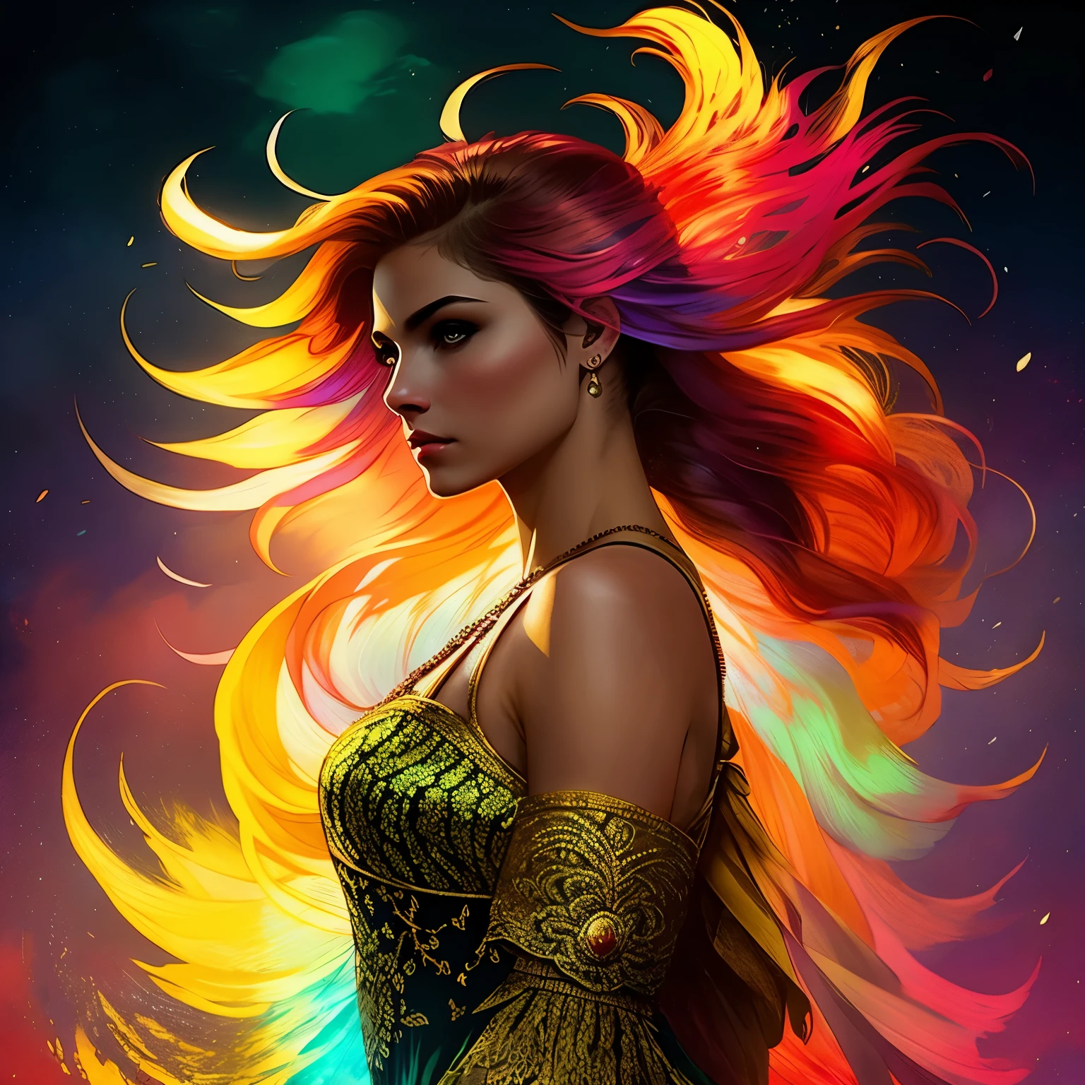 um personagem de jogo de fantasia pacífico de lado, vestido de arte ornamentado, gravação, renda, couro, pôr do sol, corpo macio, cabelo solto, jogo de sombra, vista superior, luz, névoa, mal-humorado, cabelo prateado brilhante, terroso, vivid, vermelho, nata, marrom, Flor de pêssego, Textura de carvão, cinza, cinematográfico, Luz do filme, Hiper detalhado, hiper-realista, obra-prima, atmosférico, alta resolução, Vibrante, alto contraste, ângulo escuro, arte por Koos Roos, 8K, hdr, 500 pixels, Pintura a óleo, aquarela, retrato