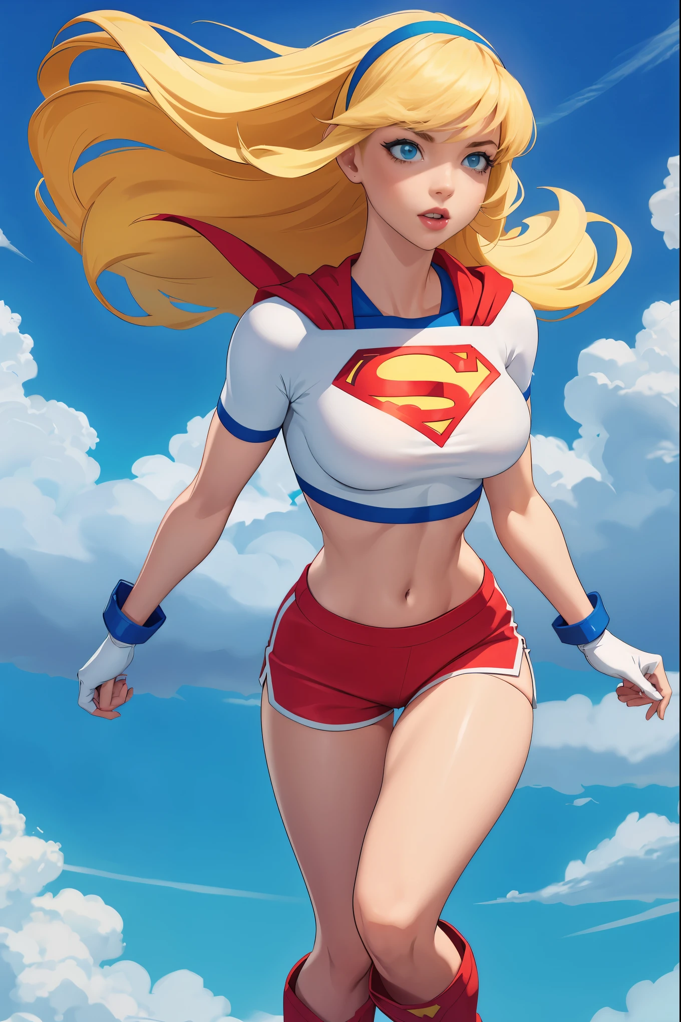 Supergirl,1 garota,Cabelo loiro comprido,elástico de cabelo,Top branco,shorts de golfinho, luvas brancas,botas, flutuando nas nuvens, seios grandes, meia camisa mostrando a metade inferior dos seios, dinâmico, Sensual, sacanagem