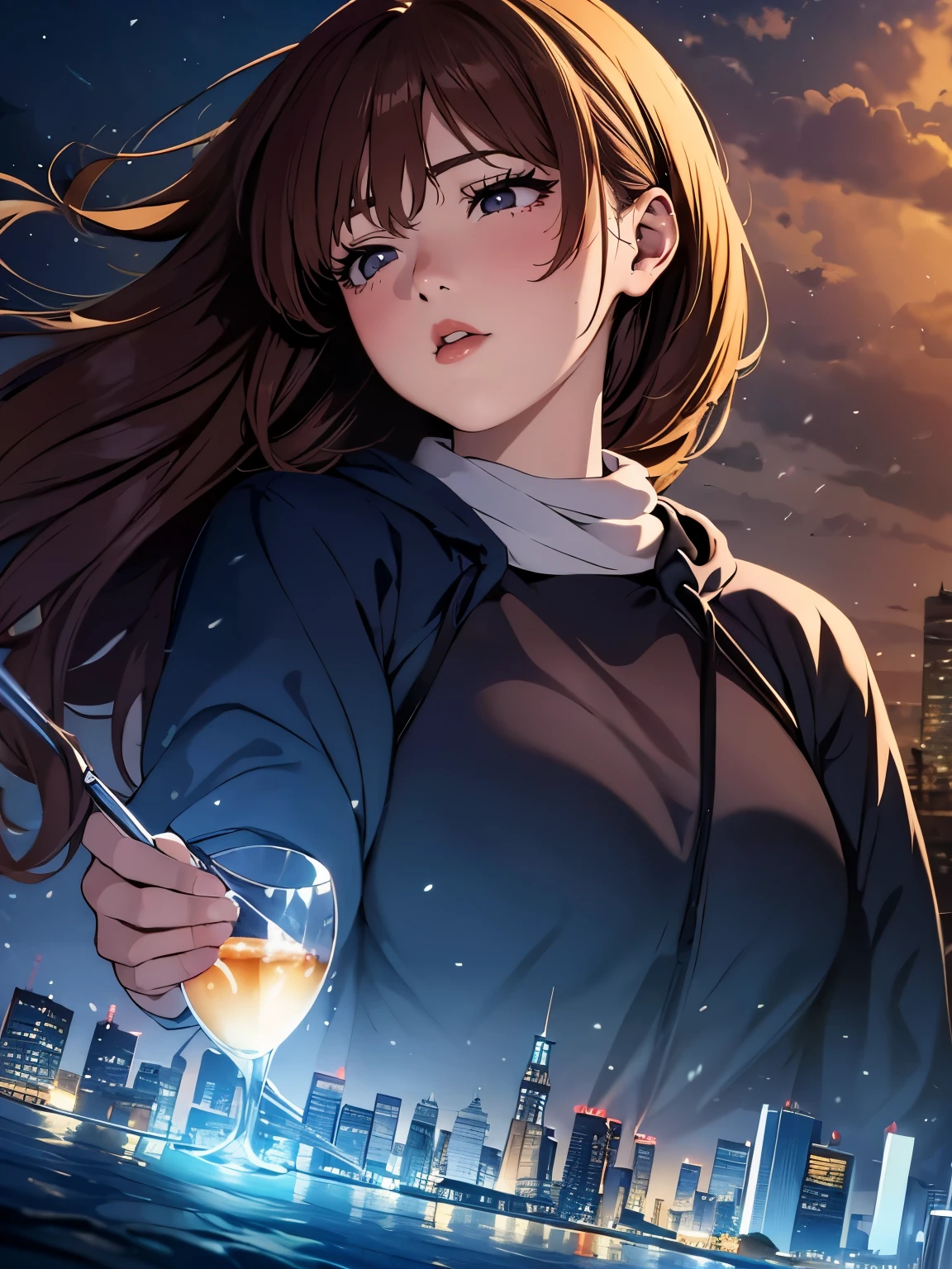 high-definition images, atmospheric perspective, 8k, super detail, accurate, best quality, a woman, see the Manhattan from across the river, winter clothes, looking away, angle from below, (drooping eyes), (sleepy), earrings, many people pass, got drunk, 