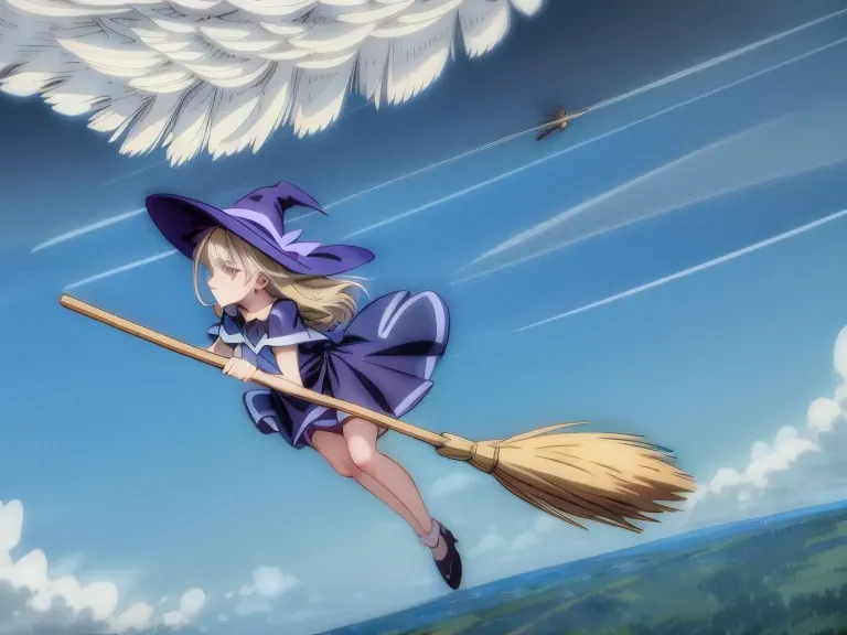 (A flying broom race between several witches:1.3), (multiple witches:1.1), 2、Three witches cling to brooms and fly through the s...