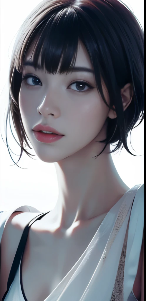 Masterpiece, 1 Beautiful Girl, Detailed Eyes, Swollen Eyes, Top Quality, Ultra High Resolution, (Reality: 1.4), Original Photo, 1Girl, Cinematic Lighting, Japanese, Asian Beauty, Korean, Very Beautiful, Beautiful Skin, Slender, Body Facing Front, (Ultra Realistic), (High Resolution), (8 K), (very detailed), (best illustration), (beautifully detailed eyes), (super detailed), detailed face, looking at viewer, facing straight ahead, neat clothes, sleeveless, short hair, black hair, 46 point slanted bangs, white background, neat room,