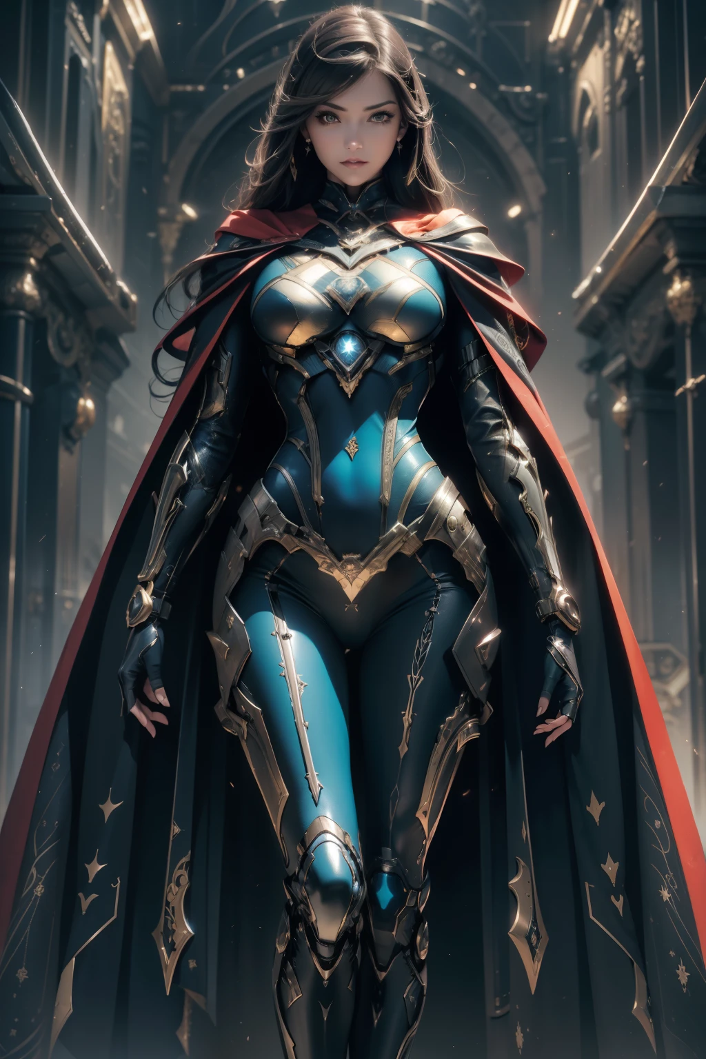 Waist up (perspective angle from bottom to top) super heroine hot woman (masterpiece), best quality, expressive eyes, perfect face, art in fantasy mythic action effect, sharp focus, wearing super detailed suit with mechanicles part & hero cape, cybersamurai, glowing, holding sword