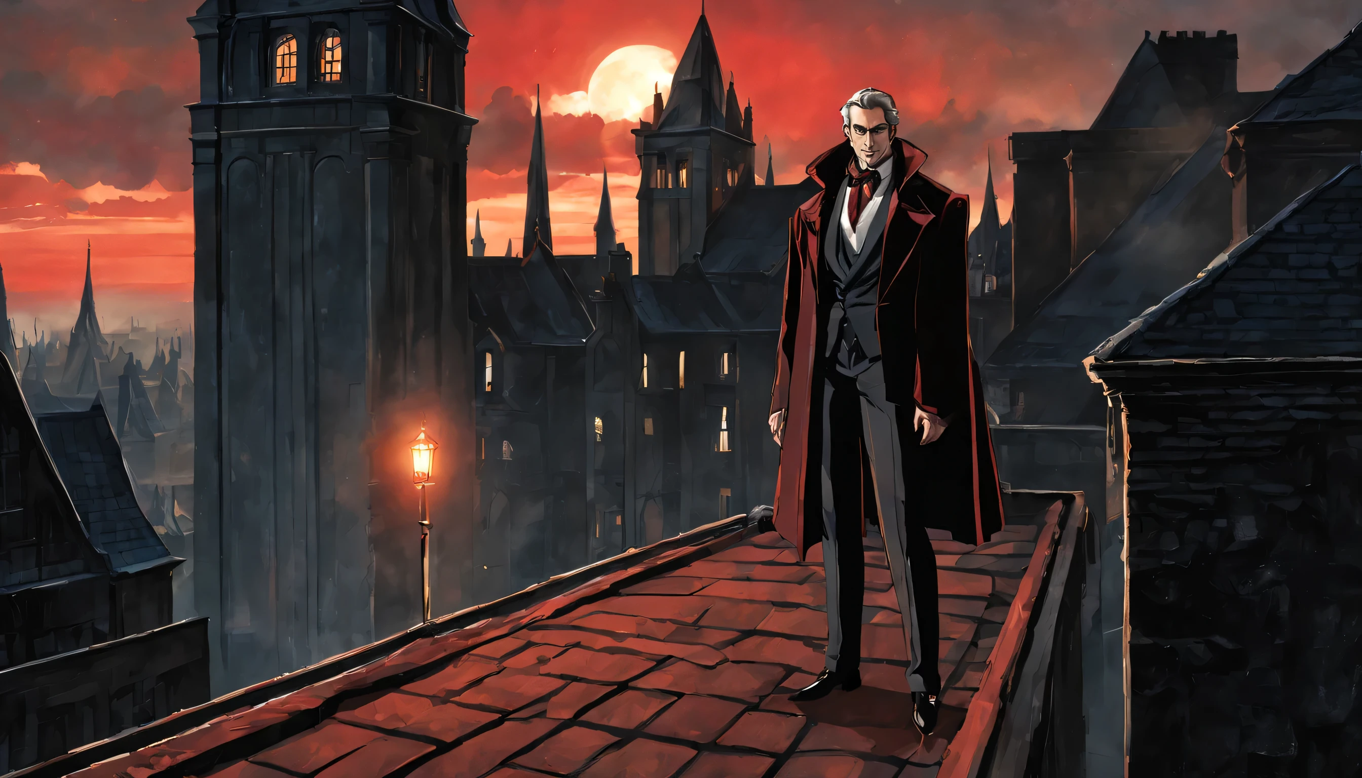  Image d'un homme en costume et cravate debout sur un toit, handsome vampire mâle, vampire androgyne, vampire mâle, mode vampire, Comte Dracula, seigneur vampire, je vampire, vampire victorien, elegant vampire victorien, animé vampires, inspiré de Castlevania, un homme vampire, vampire mâle of clan banu haqim, illustration de Shigenori Soejima, Un vieil homme sourit légèrement, tenue de vampire suid, par Alfons Mucha, art conceptuel, animé, animé, Art gothique, profondeur de champ, Éclairage cinématographique, flou de mouvement, aberration chromatique, scintillait, artefacts jpeg, lumière rougeoyante, Dieu rayons, Tracé laser, réflexion de la lumière, rétroéclairage, mélange, floraison, aberration chromatique abuse, tramage, ombre portée, illusion d&#39;optique, UHD, 1080P, UHD, rétine, chef-d&#39;œuvre, précis, Anatomiquement correct, peau texturée, Super détail, détails élevés, Haute qualité, primé, Meilleure qualité, haute résolution, 1080P, HD, 4k, 8k, 16k