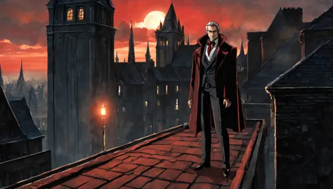  arafed image of a man in a suit and tie standing on a roof, handsome male vampire, androgynous vampire, male vampire, vampire f...