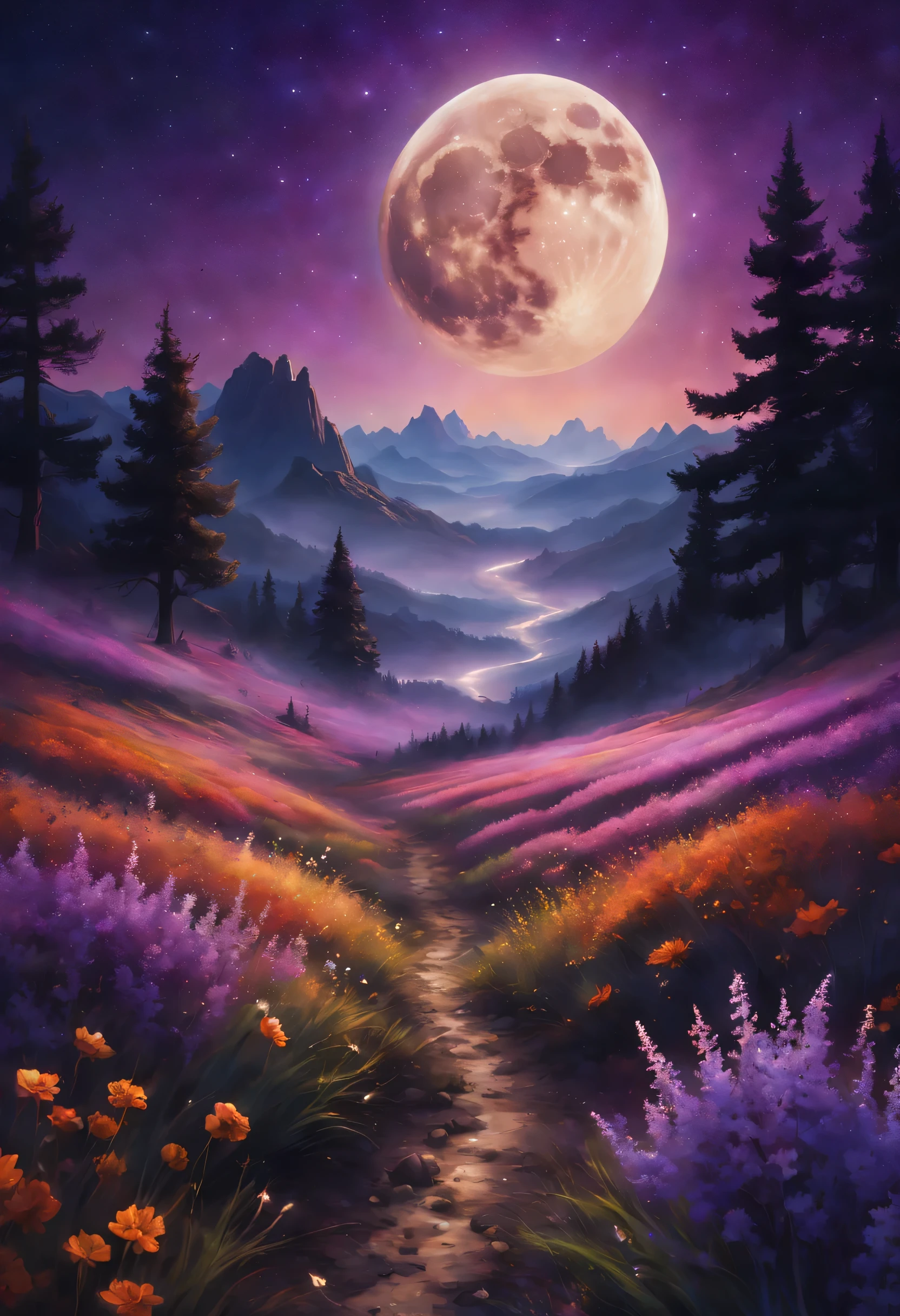 vast landscape photography, (View from below with a view of the sky and the wilderness below),  standing in a flower field and looking up, (full moon: 1.2), (shooting star: 0.9), (nebula: 1.3), distant mountain, Tree BREAK production art, (warm light source: 1.2), (fire Fly: 1.2), lamp, purple and orange, intricate details, Volume lighting BREAK (masterpiece: 1.2), (highest quality ), 4K, Super detailed, (moving composition: 1.4), Highly detailed and colorful details (iridescent: 1.2), (shining light, atmosphere lighting), dream-like, magic, (alone: 1.2)