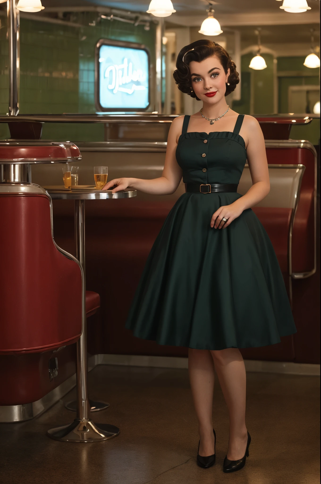 1girl dressed in a 1950s-inspired dress, complete with a full skirt and petticoat, her hair styled in classic pin curls. She should be seated at an old-fashioned diner, surrounded by vintage details like a jukebox, chrome accents, and neon signs. Her eyes should be sparkling with excitement, her skin flawless and glowing under the soft, dramatic lighting. (full body:1.5), photorealistic, 8k, This scene should be captured on 35mm film, with a beautiful depth of field and a slightly blurry, nostalgic background, filmg,