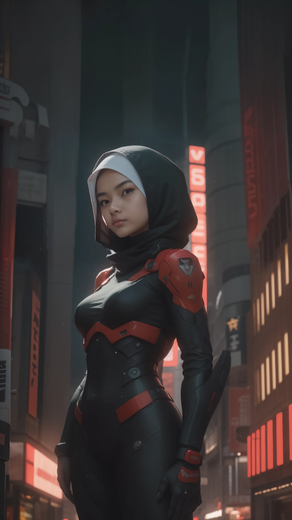 a malay teenage girl in hijab and mecha suit standing in action in front of bustling kuala lumpur malaysia city streets, serious face, nighttime, 35mm lens, Extreme close-up, pastel color grading, depth of field cinematography effect, film noir genre, 8k resolution, high quality, ultra detail