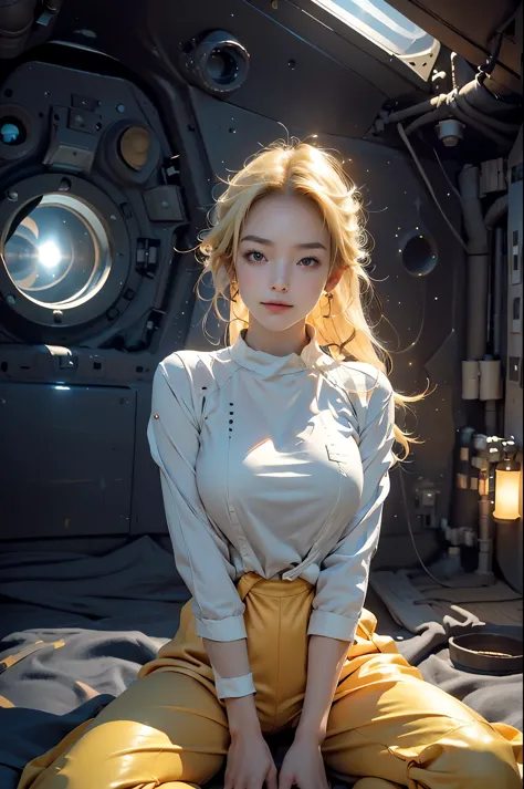 (masterpiece, best quality:1.2), , alone, 1 girl, Yuki Mori, faint smile, Keep your mouth shut, from the side, Turn around and look at the audience, blonde hair, thigh gap, jumpsuit, gold, skin-tight, Perfect body, large windows, (Starship portholes:1.3), ...