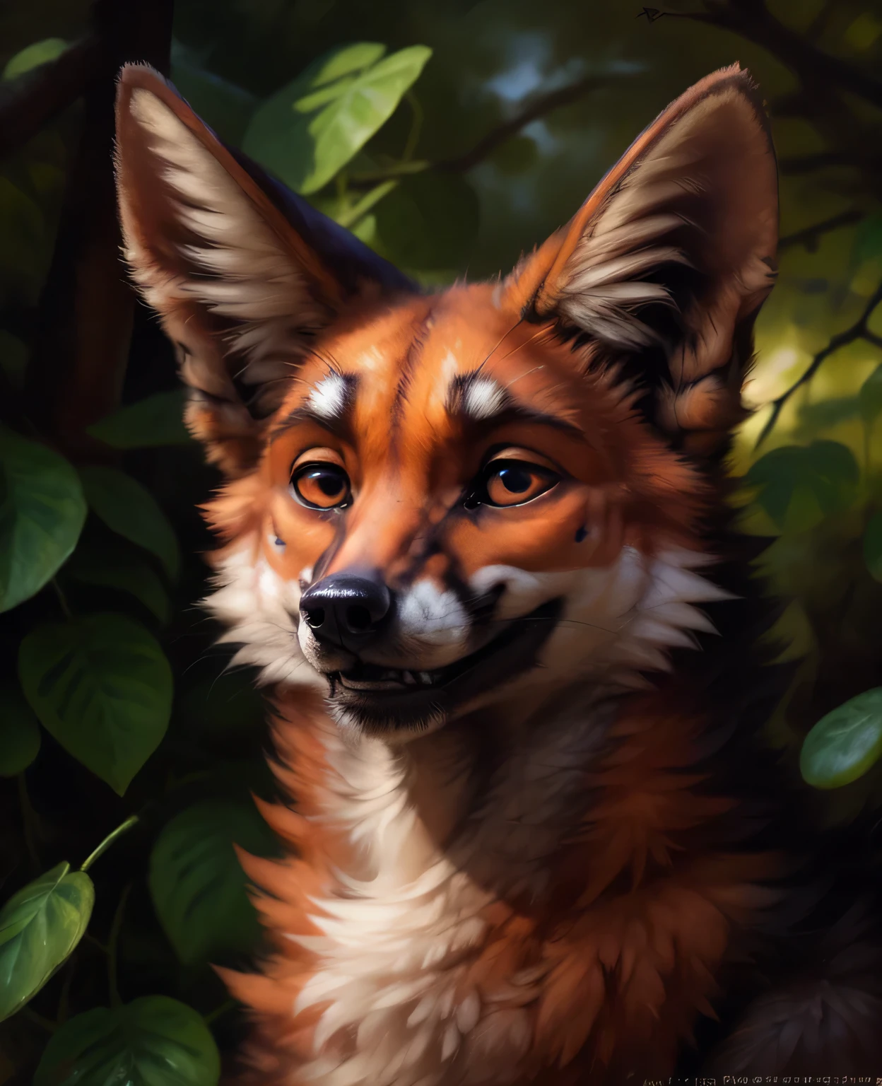 by kenket, by totesfleisch8, (by thebigslick, by silverfox5213:0.8), (by syuro:0.2), maned wolf furry, detailed and extremely fluffy body fur, fluff, masterpiece, looking up beautiful surroundings, detailed background, happy, (close up:1.1), male, muscular