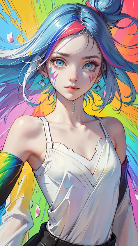 （pink fashion t-shirt：1.9），(colorful hair: 1.8), (all the colours of the rainbow: 1.8),(((((vertical painting：1.6))), （painting：...