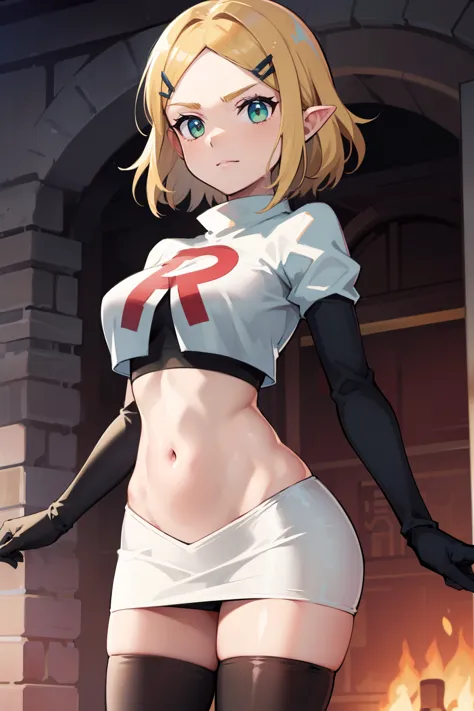 Zelda, green eyes, short hair ,team rocket,team rocket uniform, red letter R, white skirt,white crop top,black thigh-high boots ...