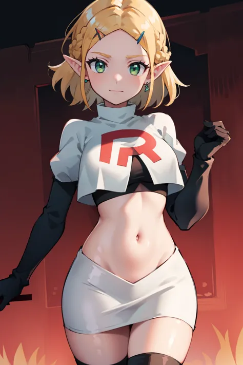 Zelda, green eyes, short hair ,team rocket,team rocket uniform, red letter R, white skirt,white crop top,black thigh-high boots ...