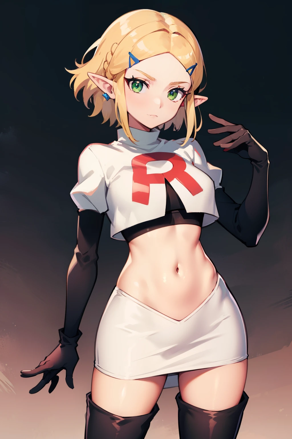 Zelda, green eyes, short hair ,team rocket,team rocket uniform, red letter R, white skirt,white crop top,black thigh-high boots ,black elbow gloves, sinister villianess look,