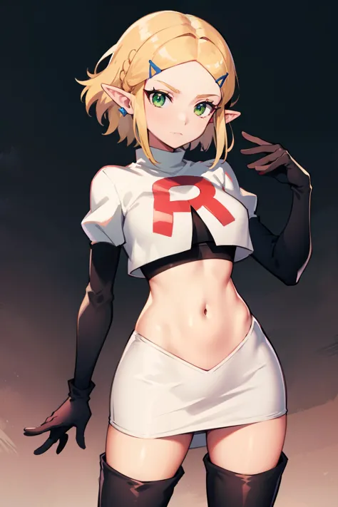 Zelda, green eyes, short hair ,team rocket,team rocket uniform, red letter R, white skirt,white crop top,black thigh-high boots ...