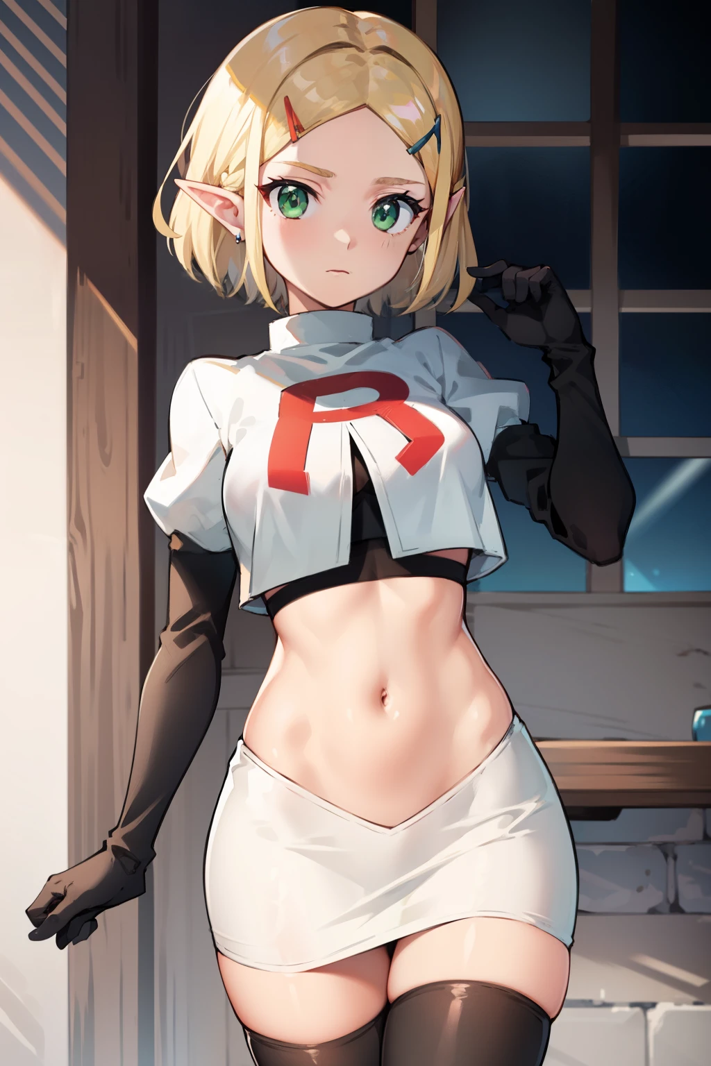 Zelda, green eyes, short hair ,team rocket,team rocket uniform, red letter R, white skirt,white crop top,black thigh-high boots ,black elbow gloves, sinister villianess look,