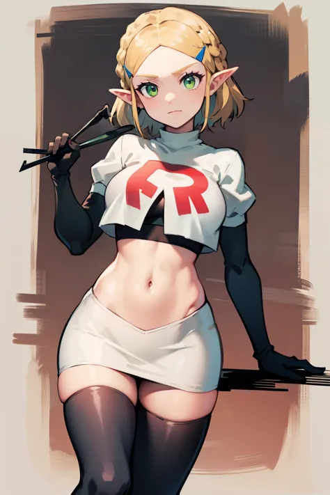 Zelda, green eyes, short hair ,team rocket,team rocket uniform, red letter R, white skirt,white crop top,black thigh-highs ,blac...