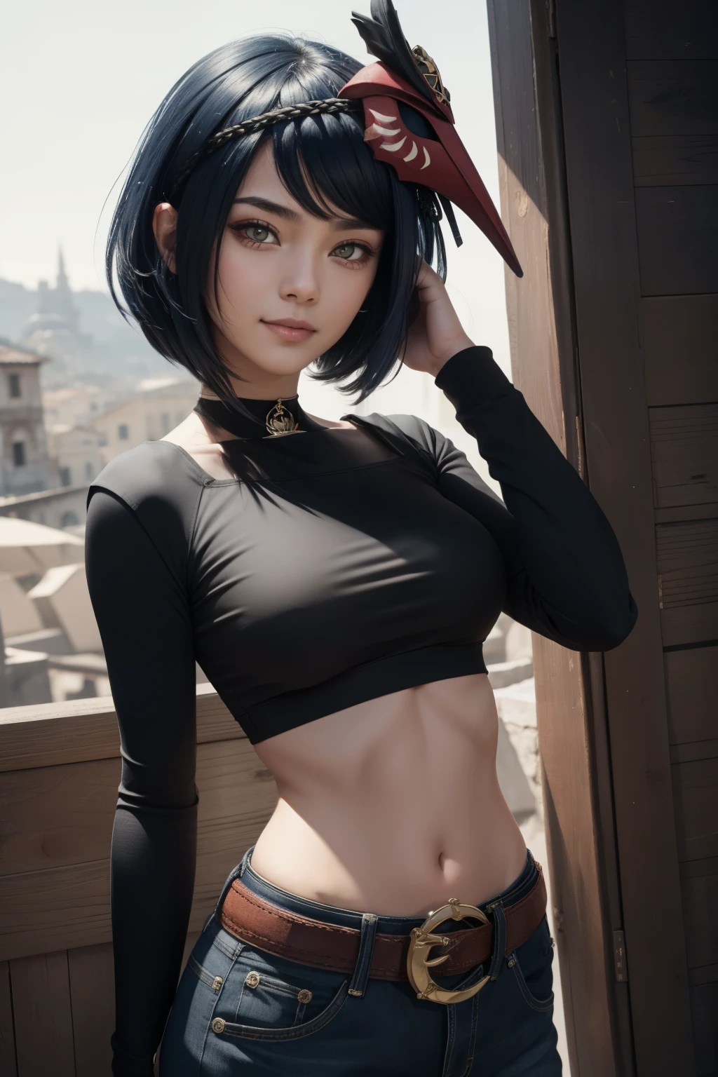 ((Black long sleeved top, long dark blue jeans, gold belt)), ((midriff, navel)), looking at viewer, smile, old italian town, standing with hand on own hip, (cinematic lighting, best quality, masterpiece, high details, best quality, highres, HD, 4K, 8k, super detail), (kujou sara:1.3), mask on head, blue hair, short hair, yellow eyes