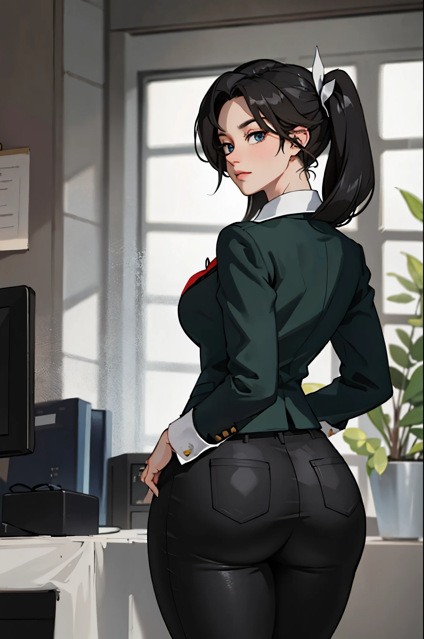 (masterpiece:1.2, best quality:1.2, beautiful, high quality, highres:1.1, aesthetic), detailed, extremely detailed, ambient soft lighting, 4K, perfect eyes, perfect face, perfect lighting, solo, 1girl, makima, collared shirt, black tie, black pants, big ass, wide hips, back view, ass, looking at viewer