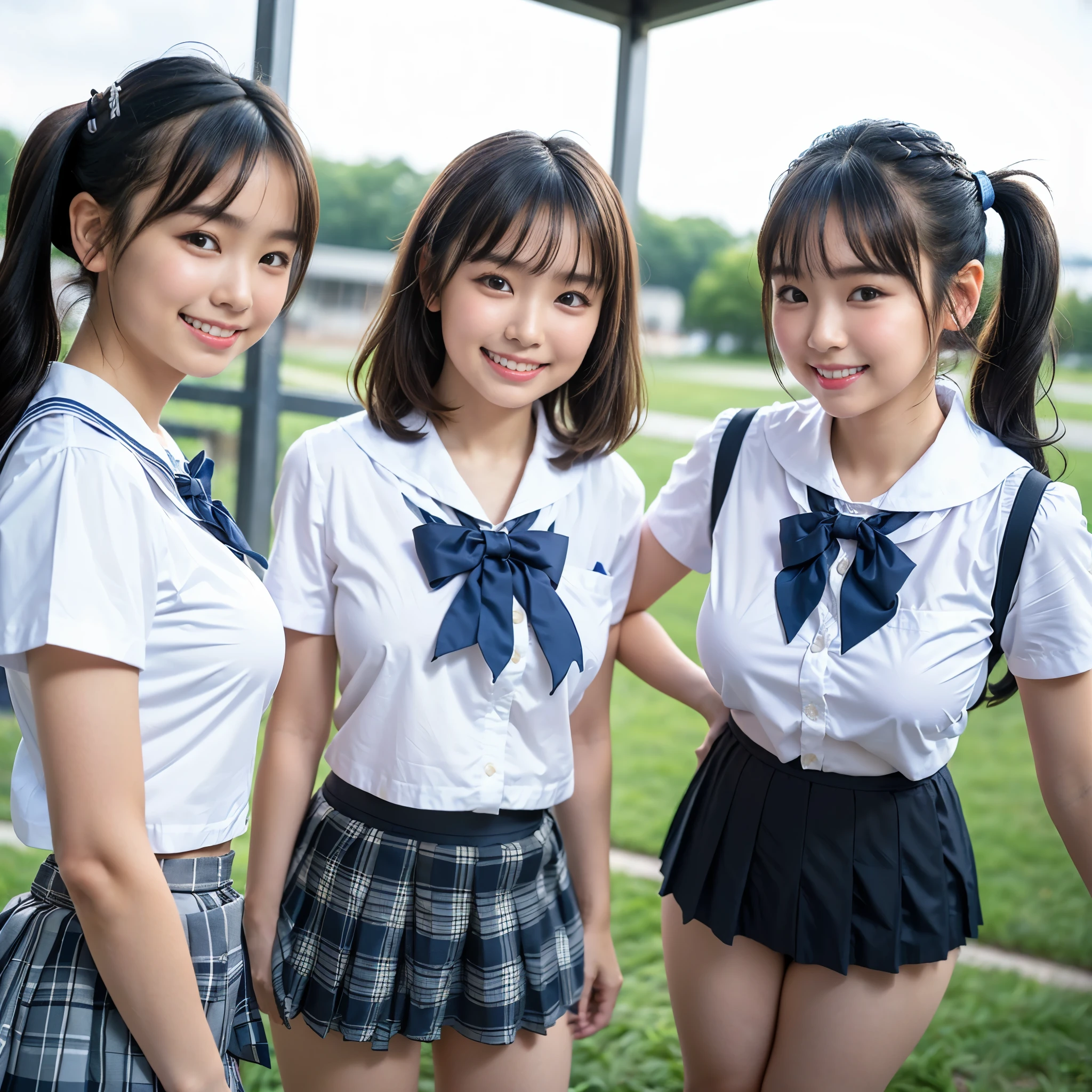 （8K、Raw photography、highest quality、masterpiece：1.2),(black hair:1.5),(Mr.々cute hairstyle、bob cut、very short hair、ponytail、twin tails:1.4),(High School Girls、All Beautiful Girls、beautiful girl group、Wearing a school uniform:1.6)、(plaid skirt: 1.2)、(Clothing that emphasizes the shape of your chest、big breasts:1.6)、(Group attendance at school:1.4)、ultra high resolution,(countryside:1.2)、(Japan Women: 1.2),（Photoreal：1.37）、photon mapping,reality、(All of them are so cute like idols: 1.7)、(cute smile: 1.7)、(round face: 1.8)、(baby face: 1.2)、radio city、Physically based rendering、depth of field rally background、photograph, (wearing a skirt that is too short: 2.0)、(super mini skirt、The skirt is short and you can see white panties:1.6),(all wearing very short skirts、angle from below、Thighs look good: 1.7)、whole body、super fine