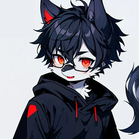 Upload to e621，A furry boy，solo，（gray fur），（gray face），gray skin，Full Body Furry，wearing glasses、black hair，Dark gray elements on fur，red-black heterochromia，Luminous T-shirt，blood red background，Blood elements on clothes，beautiful light and shadow，ambient...