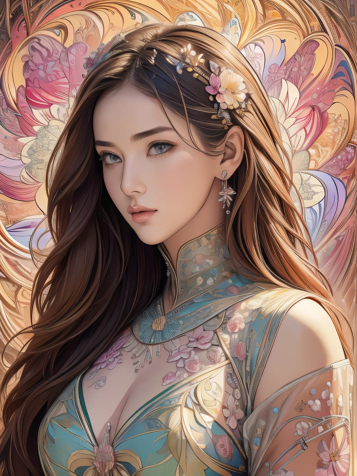 (masterpiece:1.2),ultra-detailed,portraits,beautiful detailed:1.2,emphasizing her upper body,a girl surrounded by a single flower,extremely detailed creation,colorful and vibrant scene,introducing the beauty of fractal art:1.3 in the most complex and detailed way possible.