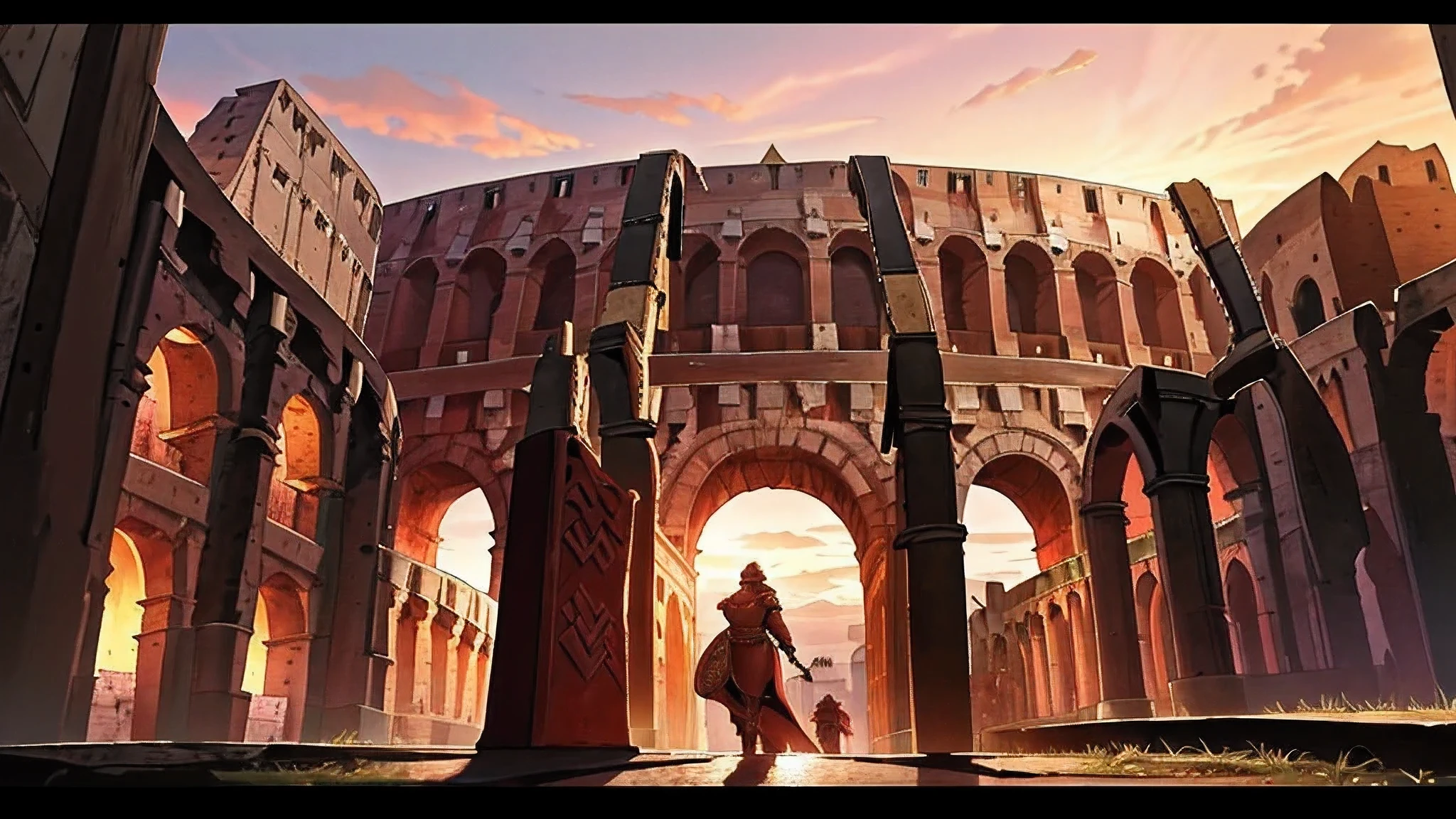 A picture taken from a video game of a man walking through an ancient arena  - SeaArt AI