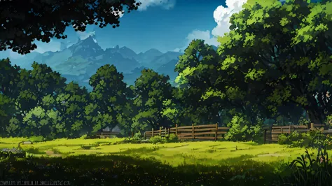 There is a photo of a farm and a house with a fence., anime countryside landscape, anime background art, anime scenery, anime sc...