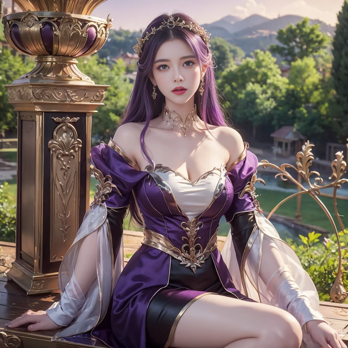 a woman, purple hair, wearing a purple dress, game cg, artgerm ; realistic engine, stunning character art, 2. 5 d cgi anime fantasy artwork, hyperdetailed fantasy character, inspired by TianQiong, epic exquisite character art, smooth anime cg art, beautiful character painting, beautiful digital artwork, Looking at the viewer, sitting, garden background, (masterpiece, best quality:1.9), perfect lighting, realistic character, 8k wallpaper, 