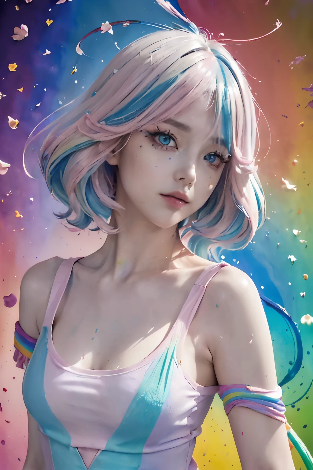 (Pink fashion T-shirt:1.9),(colored hair:1.8),(All colors of the rainbow:1.8),(((vertical画:1.6)),(:1.6),front,comics,illustration,,big eyes,crystal clear eyes,(Rainbow colored semi-long hair:1.7),exquisite cosmetics,Shut your mouth,(Small fresh:1.5),(Wipe your chest:1.6),long eyelashes,White shoulder T-shirt。,White shoulder sleeve shirt,looking at the audience,blue eyes,(rainbow colour hair:1.6),color splotches,(solo:1.8),color splotches,color splotches,color explosion,Thick lacquer style,Messy lines,((Shiny),(color),(color),(color),(color),color,Thick lacquer style,(color splotches),(color)splash,vertical,Upper body,Paintworksplash,acrylic paint,gradient,Paintwork,Highest image quality,highest quality,masterpiece,solo,depth of field,Topcoat,Colorful clothes,(grace:1.2),gorgeous,lwind, (Elegant: 1.3), (Petals: 1.4)，(((masterpiece))),(((best quality))),((ultra-detailed)),(illustration),(dynamic angle),((floating)),(paint),((disheveled hair)),(solo),(1girl) , (((detailed anima face))),((beautiful detailed face)),collar,bare shoulders,blue hair, ((colorful hair)),((streaked hair)),beautiful detailed eyes,(Gradient color eyes),(((colorful eyes))),(((colorful background))),(((high saturation))),(((surrounded by colorful splashes))),(((colorful background))),(((high saturation))),(((surrounded by colorful splashes))),(((colorful background))),(((high saturation))),(((surrounded by colorful splashes))),