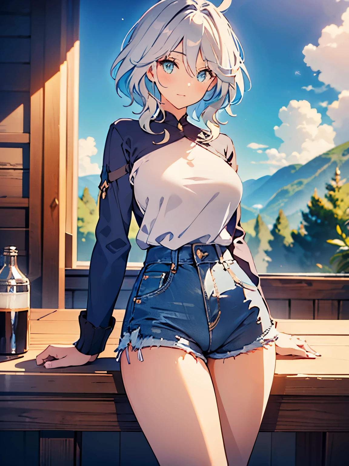 Anime girl with blue hair and white shirt posing on a table - SeaArt AI