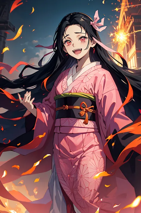 anime, hdr, soft light, ((best quality)), ((masterpiece)), (detailed), nezuko, black hair, forehead, open mouth smiling,  big fa...