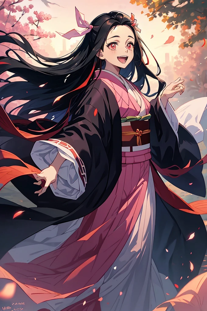 anime, hdr, soft light, ((best quality)), ((masterpiece)), (detailed), nezuko, black hair, forehead, open mouth smiling,  big fangs, very long hair, hair ribbon, japanese clothes, pink kimono, multicolored hair, pink ribbon, cleavage, standing, destruction, sparks,  