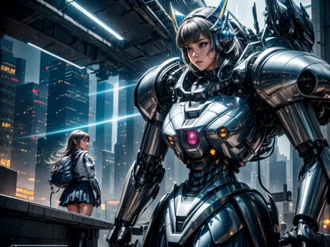 A schoolgirl stands in front of a towering Mecha Warrior. The schoolgirl has beautiful detailed eyes, detailed lips, and a fasci...