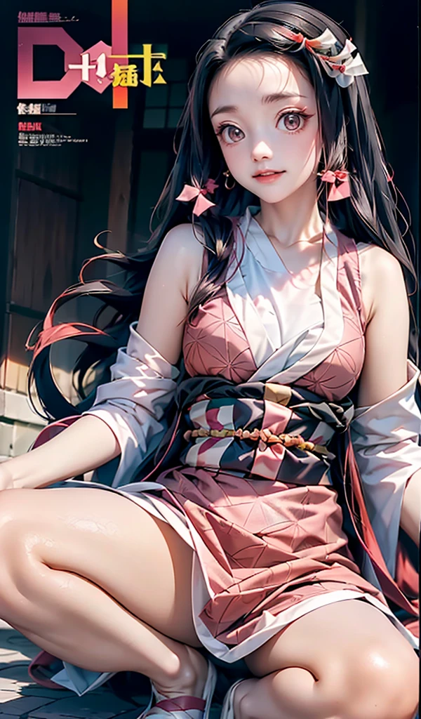 (*k) alta definición, mejor calidad, obras de maestros, Una alta resolución, 1 chica, nezuko kamada, ((Nezuko de Demon Slayer)) Cara súper hermosa, ojo súper hermoso, cabello súper hermoso，Trajes de moda，Portada de revista，sexy y encantadora，explosión de color，pelo de color negro，Horquillas grandes，cuerpo completoesbiano，en cuclillas