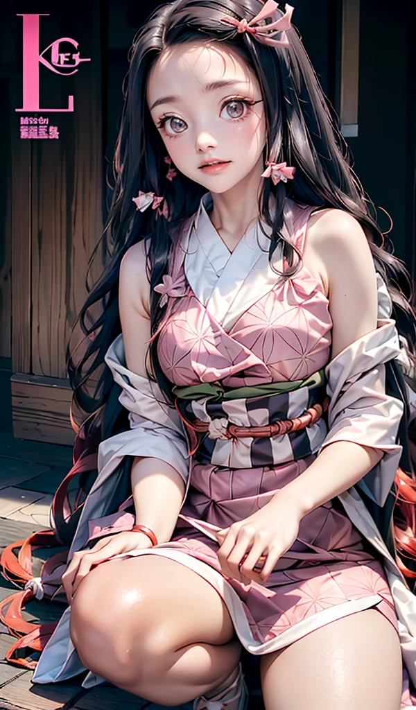 (*k) alta definición, mejor calidad, obras de maestros, Una alta resolución, 1 chica, nezuko kamada, ((Nezuko de Demon Slayer)) Cara súper hermosa, ojo súper hermoso, cabello súper hermoso，Trajes de moda，Portada de revista，sexy y encantadora，explosión de color，pelo de color negro，Horquillas grandes，cuerpo completoesbiano，en cuclillas