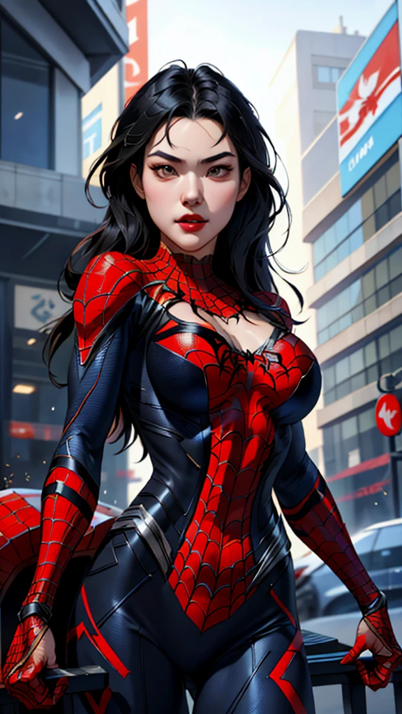 best qualtiy，GameCG，1girll，tmasterpiece，best qualtiy，8K，detailed skin textures，Detailed cloth texture，beautifull detailed face，Complicated details，the ultra-detailed，korean girl，spiderman uniform，long black hair，（A half body：1.2），cleavage