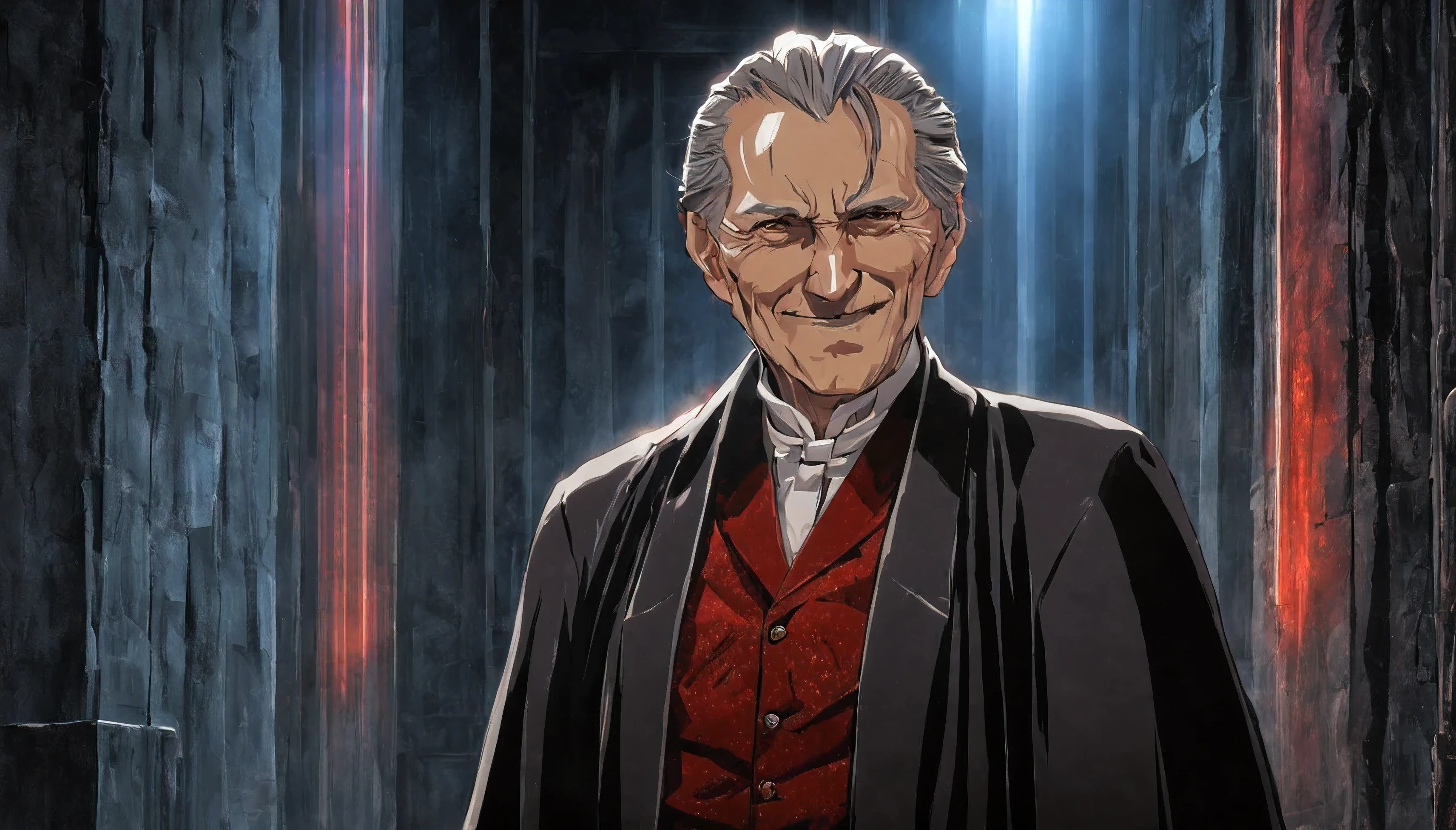 Um velho sorriso leve, vampiro se vestindo para o sul, por Alfons Mucha, Arte conceitual, anime, anime, arte gótica, profundidade de campo, iluminação cinematográfica, desfoque de movimento, aberração cromática, brilhar, artefatos jpeg, luz brilhante, raios de deus, Rastreamento de raio, luz de reflexão, retroiluminação, Misturando, Florescer, aberração cromática abuse, hesitante, sombra projetada, ilusão de óptica, Ualta definição, 1080P, Ualta definição, retina, obra de arte, preciso, Anatomicamente correto, Pele texturizada, Super Detalhe, detalhes altos, alta qualidade, premiado, melhor qualidade, alta resolução, 1080P, alta definição, 4K, 8K, 16k