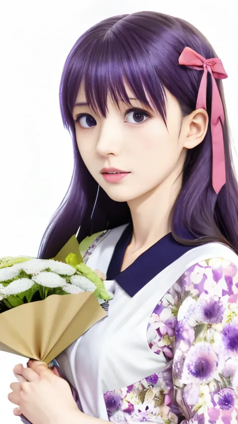 anime girl holding a bouquet of flowers in her hand, misato katsuragi, iwakura lain, yuyushiki, hinata hyuga, close up iwakura l...